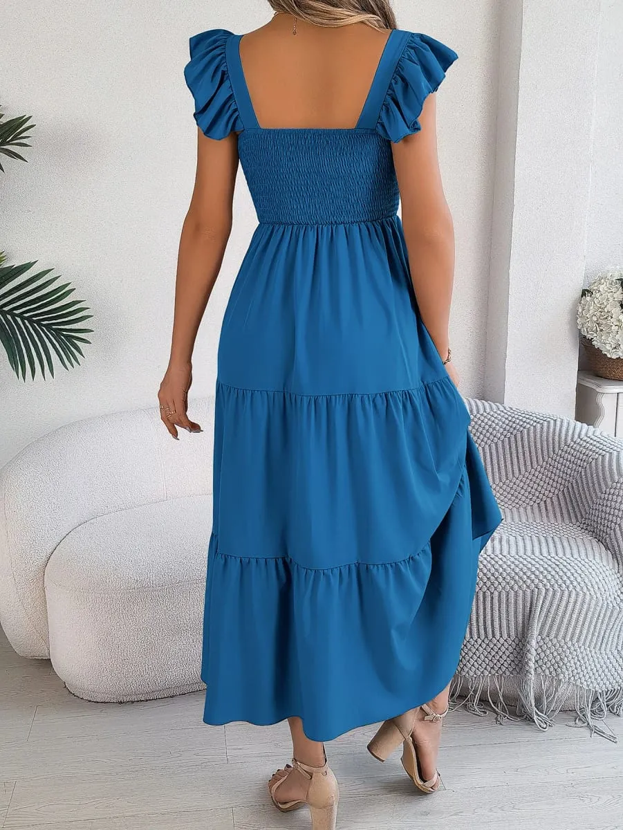 Msfilia Solid Sleeveless Square Collar A-Line Cinched Pleated Long Dress Women's Spring Summer Long Dresses