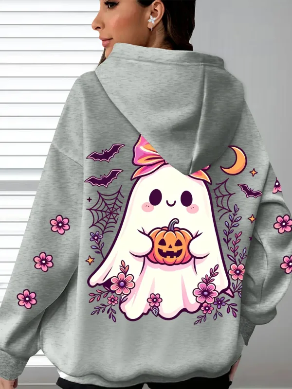 Women's Hooded Cute Ghost Hugging Pumpkin Halloween Theme Printed Hoodie Casual Long Sleeve Pocket Halloween Hoodies — image 11