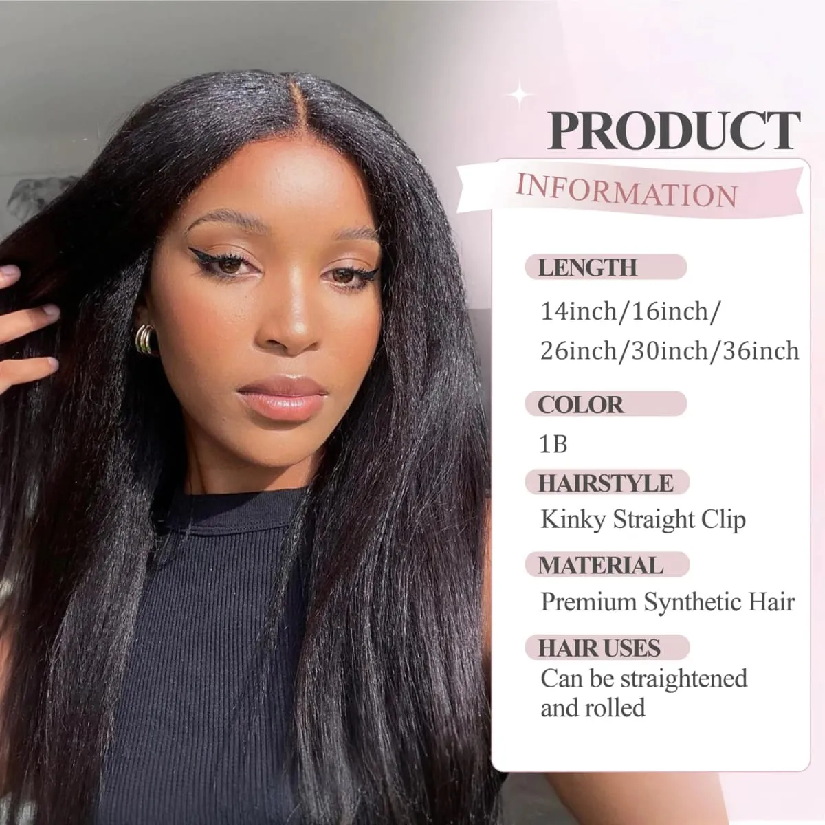 7PCS Kinky Straight Clip ins Hair Extensions Full Head Yaki Straight Seamless Clip in Synthetic Hair Pieces for Women