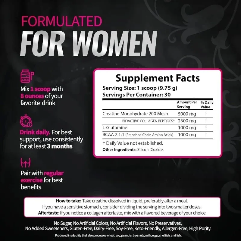 Creatine Powder for Women Booty Builder with Collagen Peptides BCAA L-Glutamine Unflavored Post-Workout Recovery Elasticity