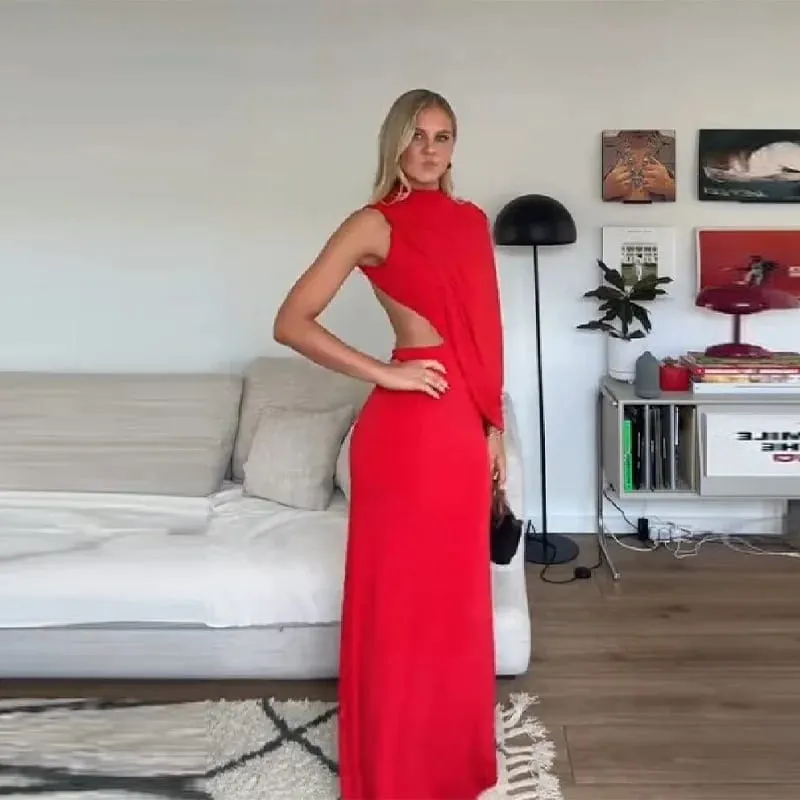 Vestido largo rojo asimétrico drapeado sin espalda, vestido de noche ajustado con cuello alto y un hombro para mujer, fiesta Formal — image 2