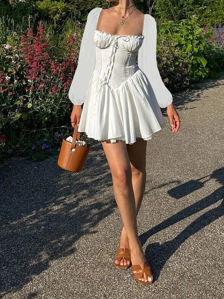 Mini robe à volants pour femmes, col carré, avec corset à lacets, ceinture évasée, manches longues, Vintage, motif Floral, ligne a, robes trapèze — image 3