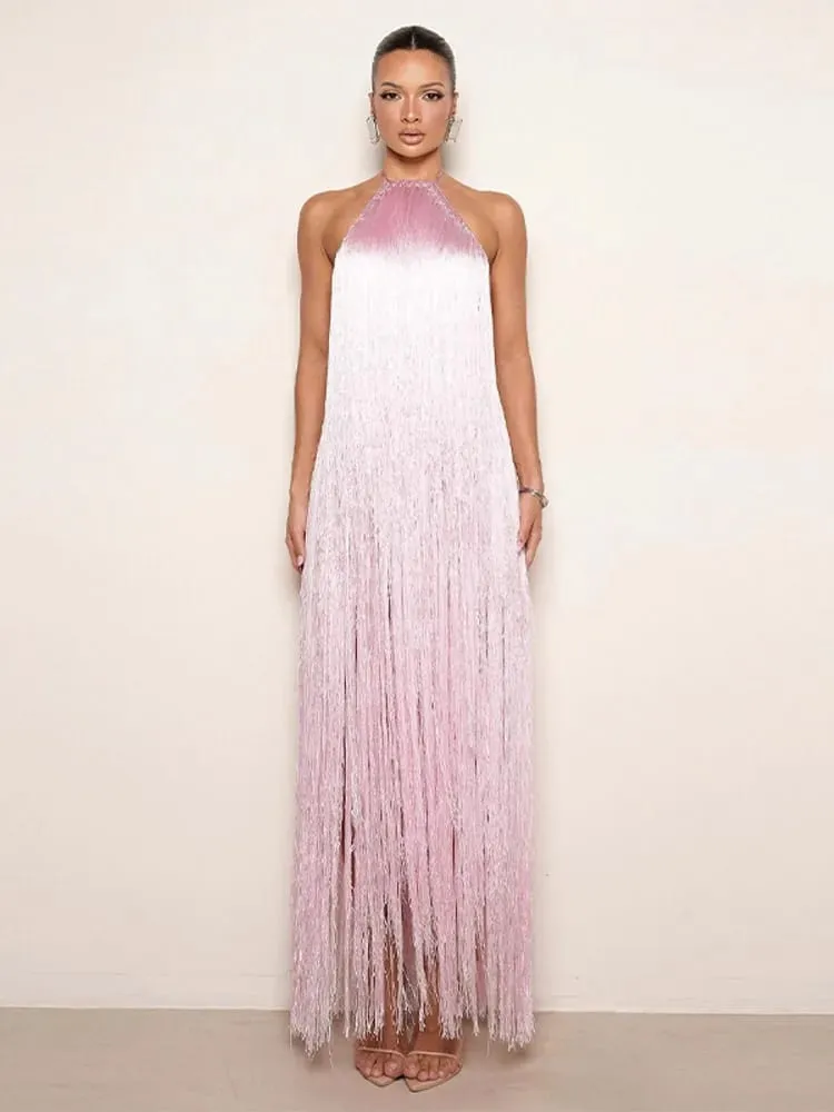 Party Women's Dress Halter Sleeveless Backless Tassel Solid Female Long Holiday Dresses 2026 Summer Fashion Elegant Lady Robe — image 4