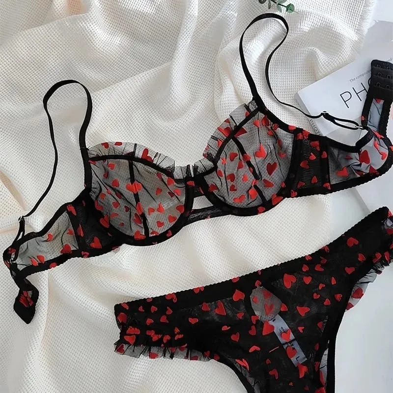 Women Heart Pattern Lace Underwire Bra Set Light Mesh Support Daily Intimates Lingerie Underwear Size 32‑38AB Women — image 8