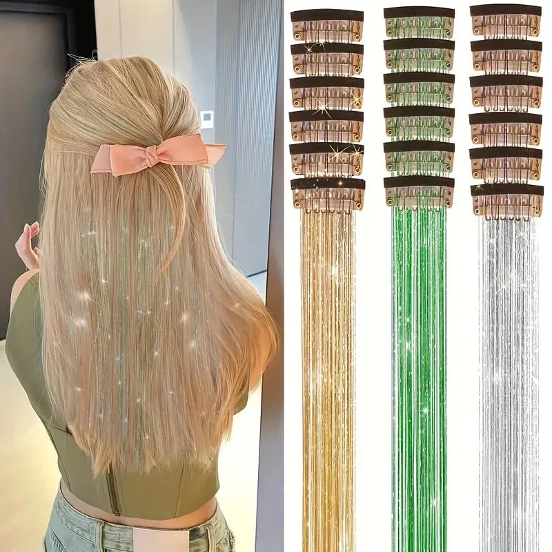 12pcs Per Pack of BB Hair Clips Shiny Metallic Hair Extensions with Clips Synthetic Hair Sparkling Hair Accessories for Women — image 4