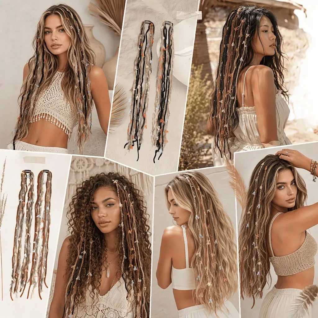 Clip In Dreadlock Hair Extensions Bohemian Frayed Wispy Thin Synthetic Boho Braids For Women Daily Rave Party Hairstyle