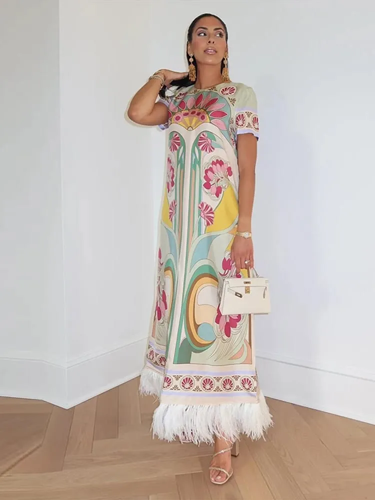 Printed Spliced Feather Tassel Hem Dress Half Sleeve O-neck Loose Maxi Dresses 2026 Summer Fashion Elegant Party Women Outwear — image 4