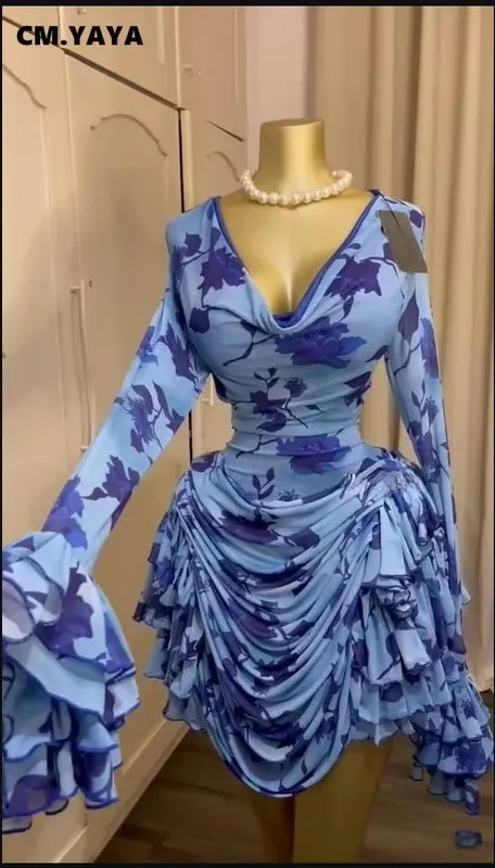 CM.YAYA Wanita Tie Dye Print Cascading Ruffles Bell Lengan Panjang Bodycon Ruched Draped V-neck Dress Pakaian Percutian Pantai