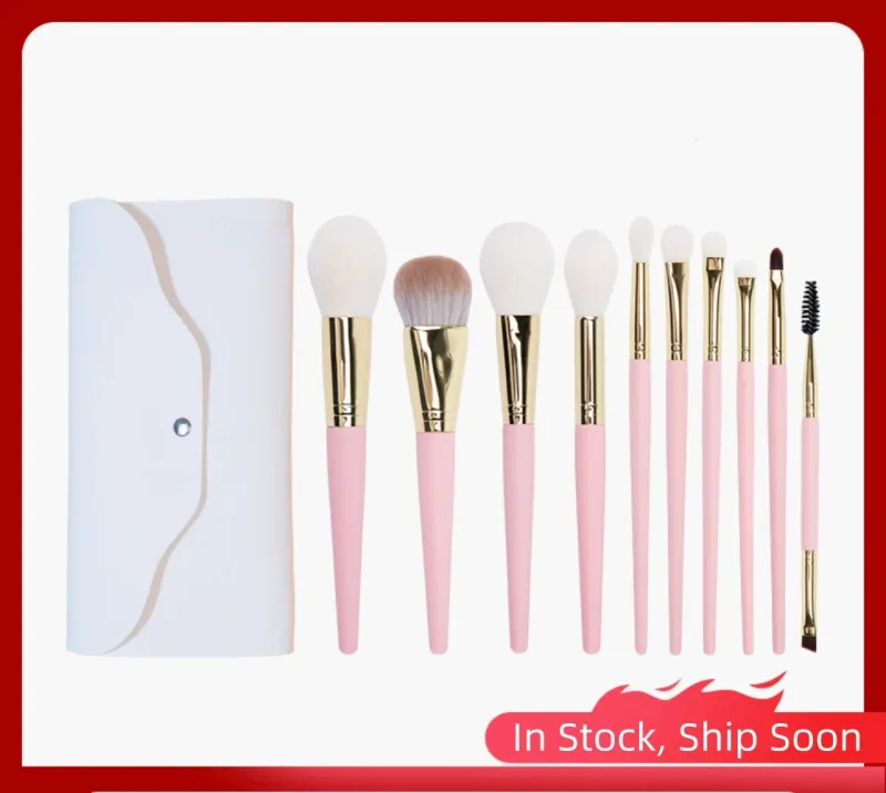 10pcs Pink Makeup Brushes Eyeshadow Brush Blush Liquid Foundation BB Cream Brushes Goat Hair Make Up Brushes Bag Cosmetic Tools
