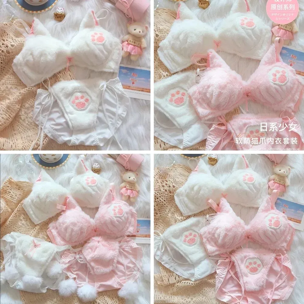 Cute Cat Paw Plush Lingerie Set for Women Warm Winter Bra & Panty with Ears Comfortable Kawaii Underwear — image 1