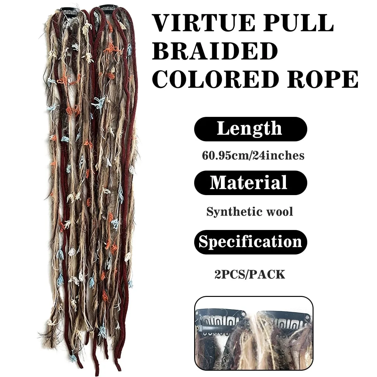 Synthetic 2Pcs Wool Yarn Dreadlock Clip Hair Extensions Maillard Long Boho Tassel Colored Vintage Braids Hair For Woman — image 3
