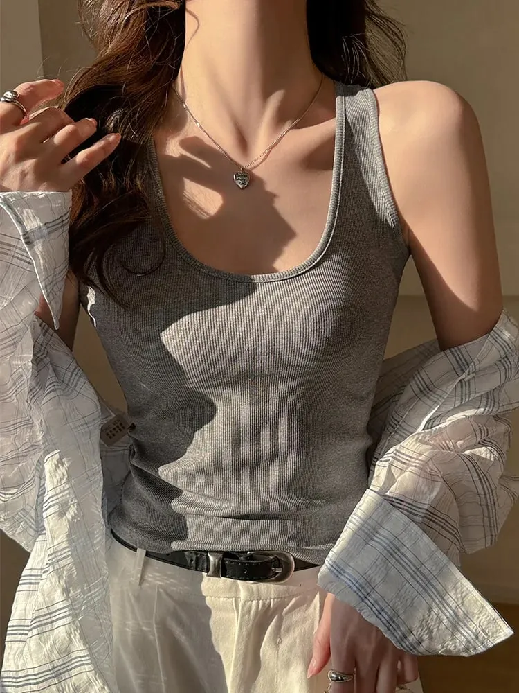 Women's Solid Color Lace Korean Vest Summer Trendy Singlet Cotton Sleeveless Camisole U-Neck Comfortable Female Tank Tops — image 4