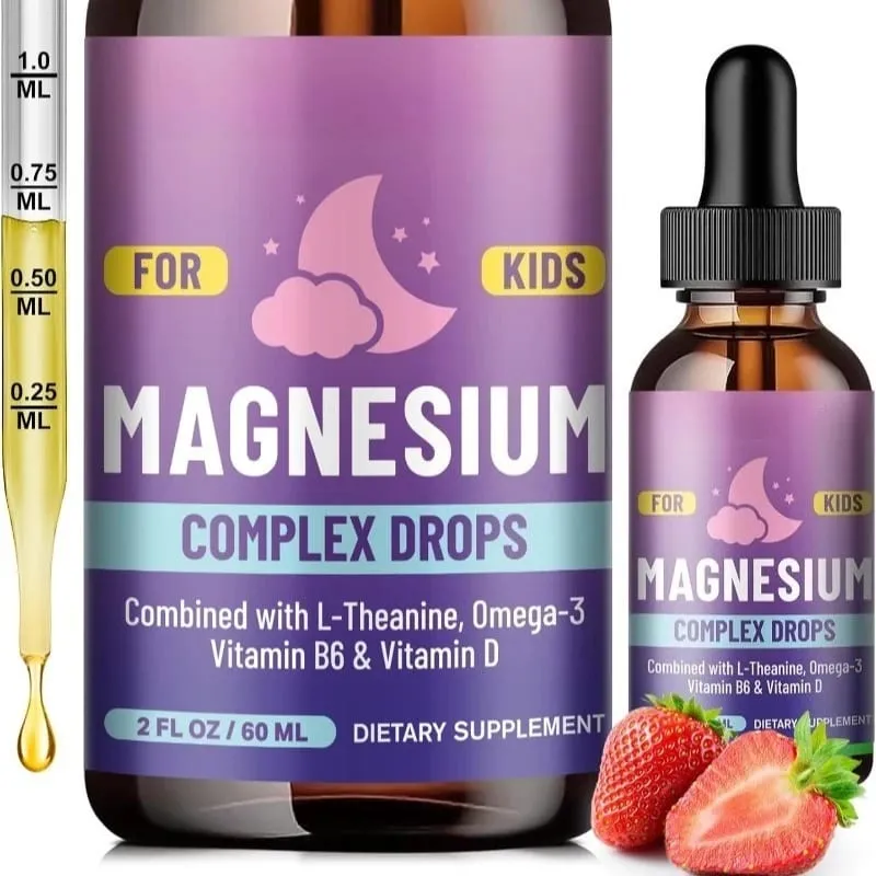 Kids Magnesium Glycinate Liquid Drops with L-theanine Omega-3 Vitamin B6 D3 for Sleep Relaxation 2 Fl Oz Strawberry Flavor
