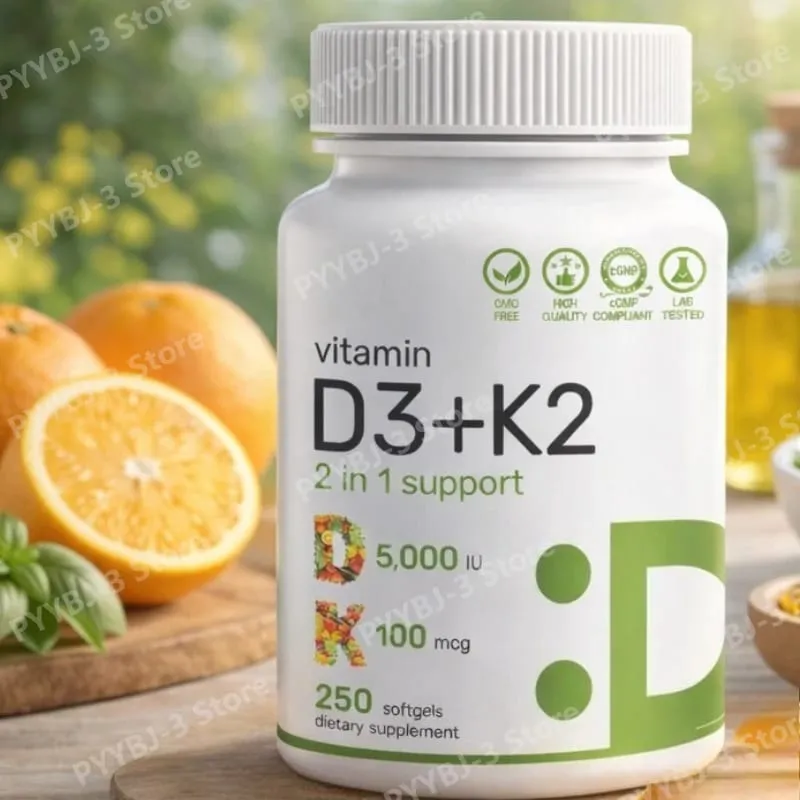 Vitamin D3 + K2 MK7 Softgels 250 Count 2-in-1 Complex Non-GMO Soy-Free Gluten-Free Bone Health Support Immune System Booster