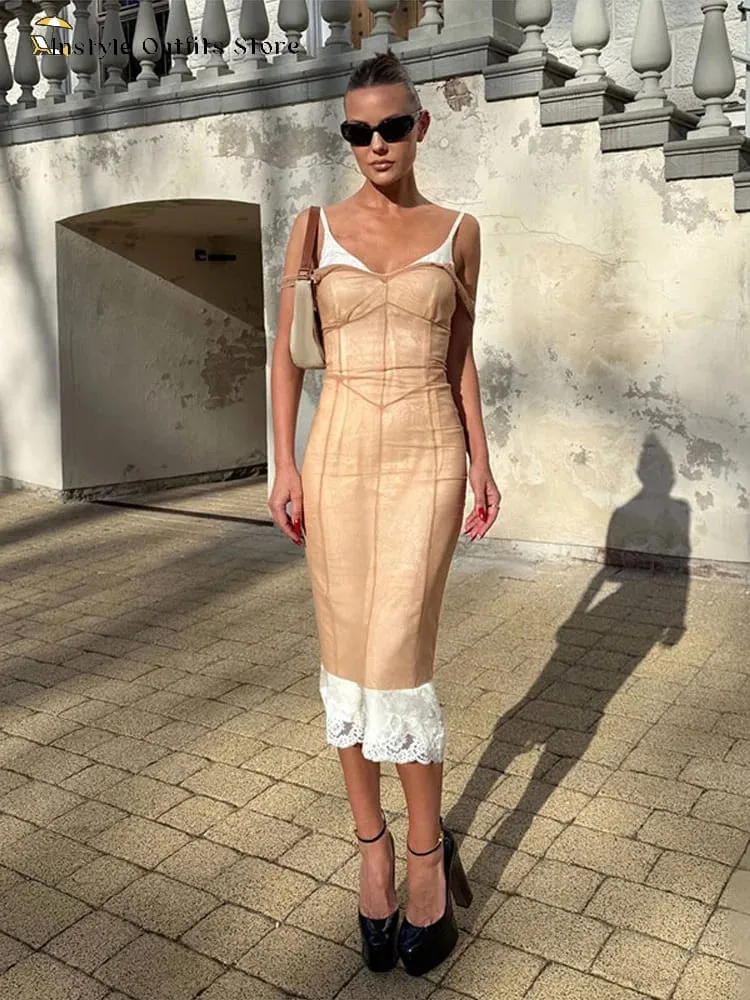 Sexy Mesh Cover Up Maxi Dress Women Sleeveless Lace-trim Waist-cinching Dress 2026 New Ladies Summer Beach Party Vacation Outfit — image 1