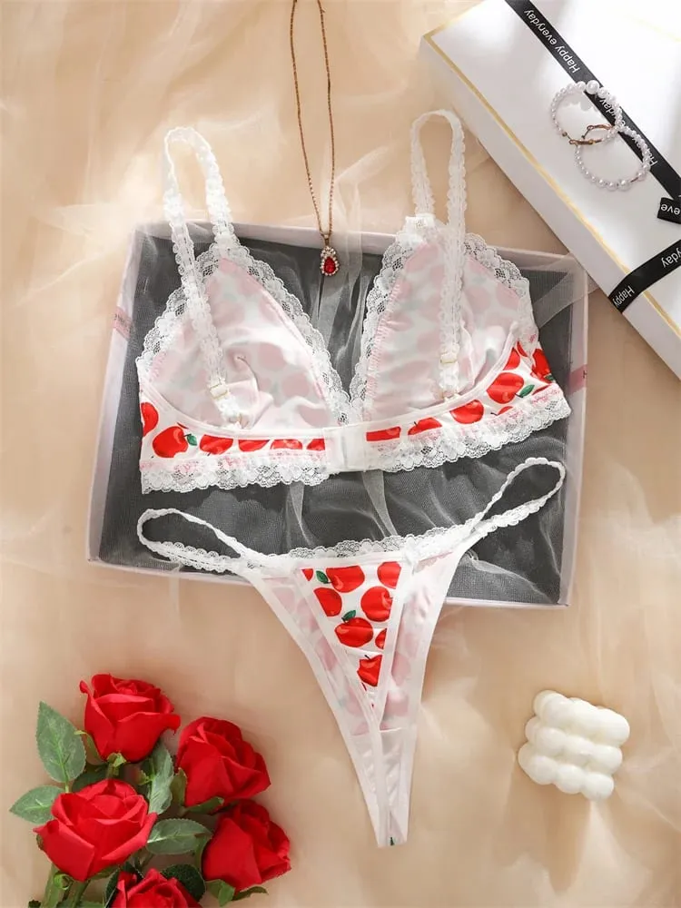 Women's Cute Apple Print Lingerie Set Wireless Triange Bra&Thong 2 PCS Bralette Sets Sweet Fruit Pattern Intimate Lace Underwear — image 3