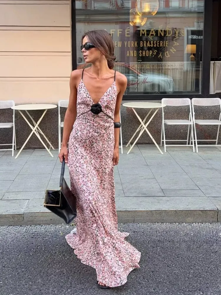 Sexy Floral Printed Sling Maxi Dress Spaghetti Strap Deep V Neck Front Black Rose Detail Ruffle Hem Lady Street Vacation Dresses