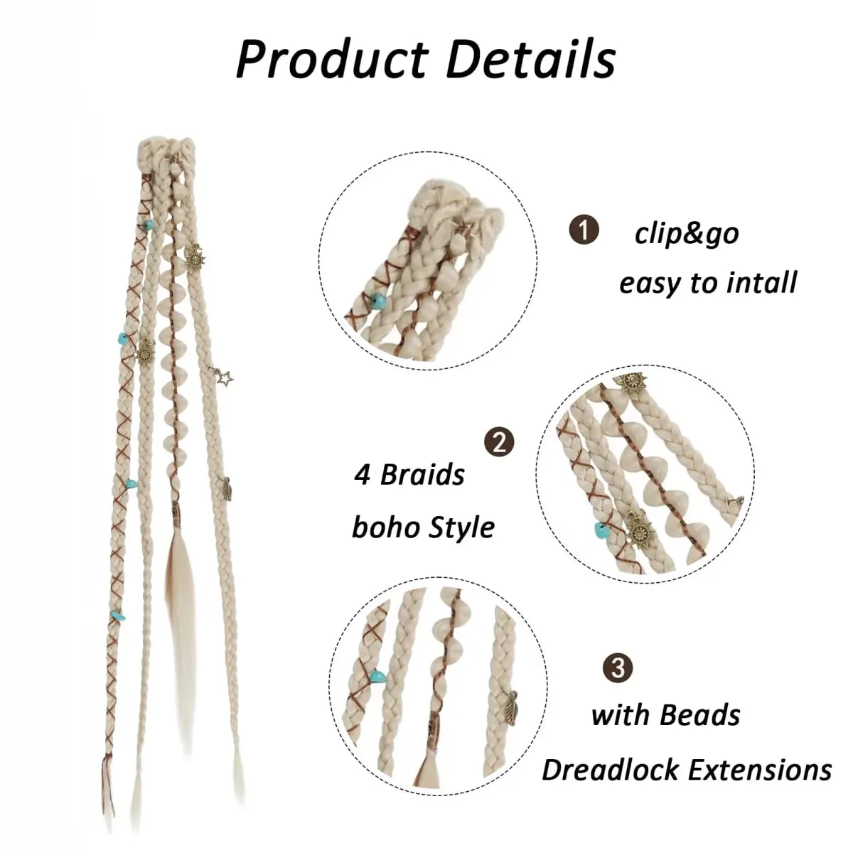 Clip in Braid Hair Extensions for Women 20" Boho Dreadlock Clip in Braids with Beads & Charms 2PCS Synthetic Braided Hairpiece — image 3