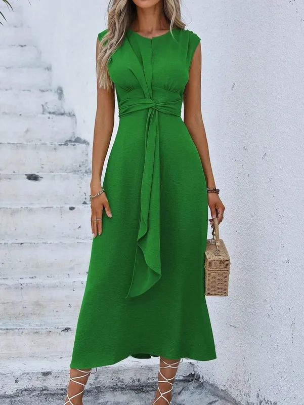 Women's Solid Color A-Line Dress Sleeveless Front Thin Straps Elegant Belted Midi Dress for Summer — image 12