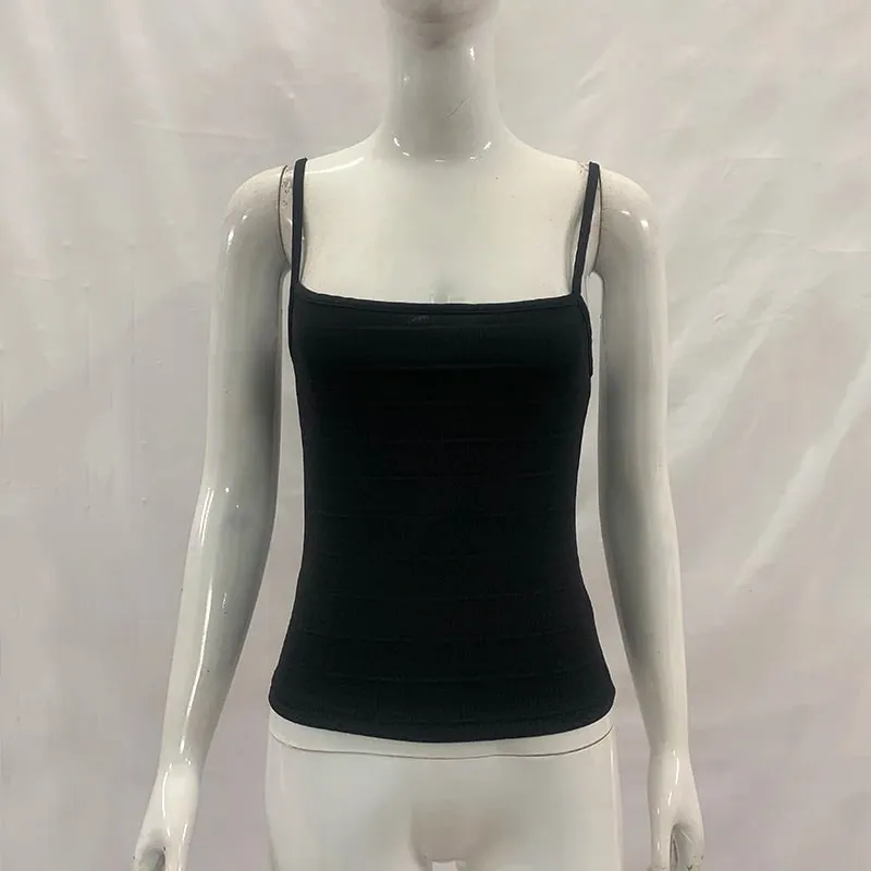 Women Summer Solid Color Bandage Camisole Slim Fit Square Neck Spaghetti Strap Ribbed Knit Cami Top — image 5