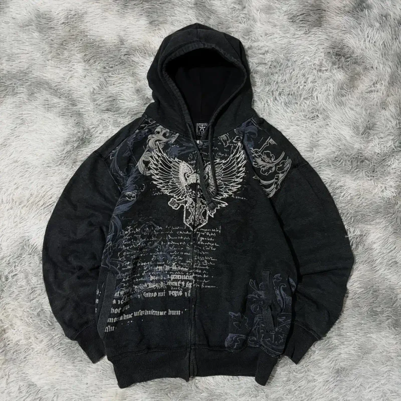 2025 American New Fashion Oversized Pattern Printed Zipper Hooded Sweater Men Y2K Gothic Harajuku Hip Hop Popular Couple Hoodies