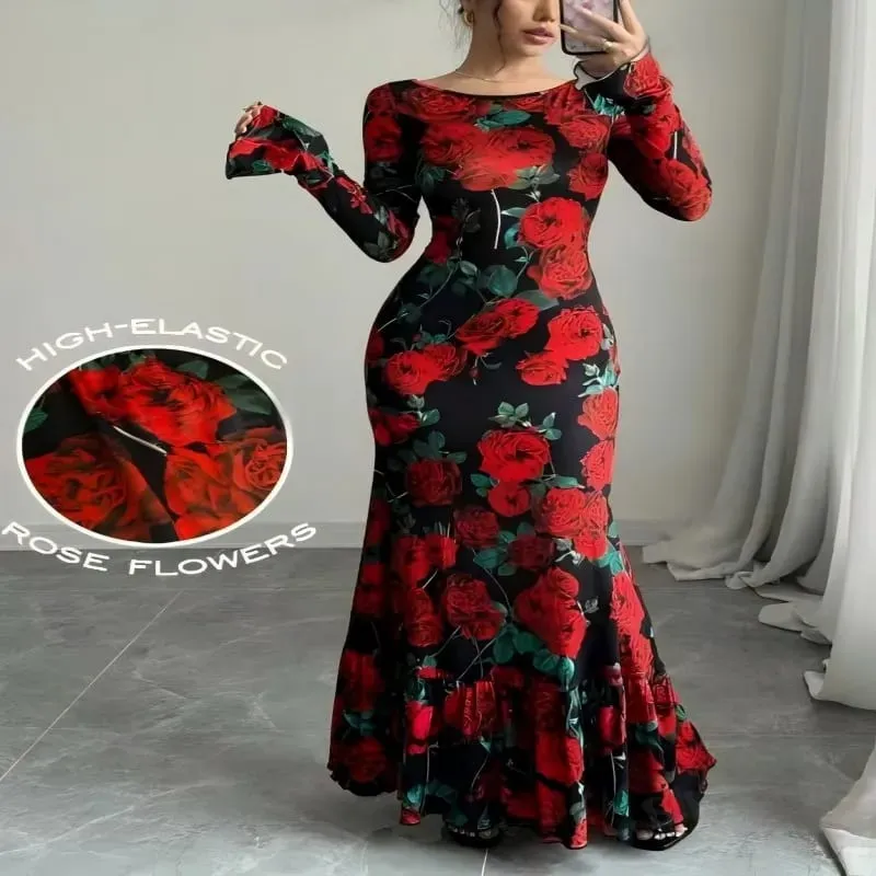 Elegant Rose Printed Maxi Dress O Neck Long Sleeves Bodycon Fishtail Dress Figure Slim Rose Floral Pattern Adds Charm Long Dress