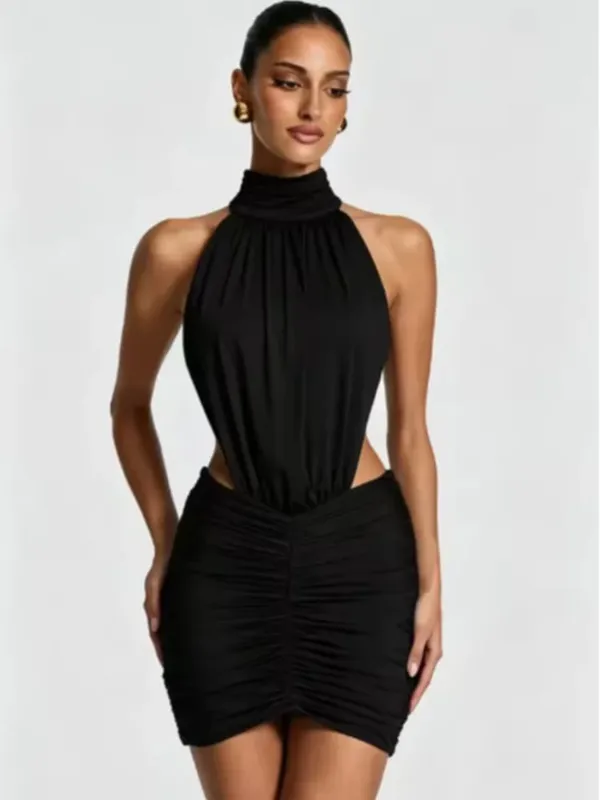 Chic Sleeveless Pleated Slim Mini Dress Women Sexy Solid Backless Hollow Out Round Collar Dresses Lady Evening Party Vestidos