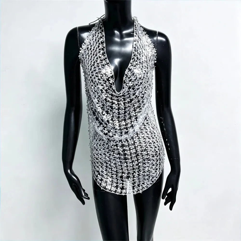 Women Shiny Acrylic Sequins Hollow Tank Top Sexy Deep V Neck Backless Halter Neck See Through Cover Up Camisole Beach Party Tops — image 4