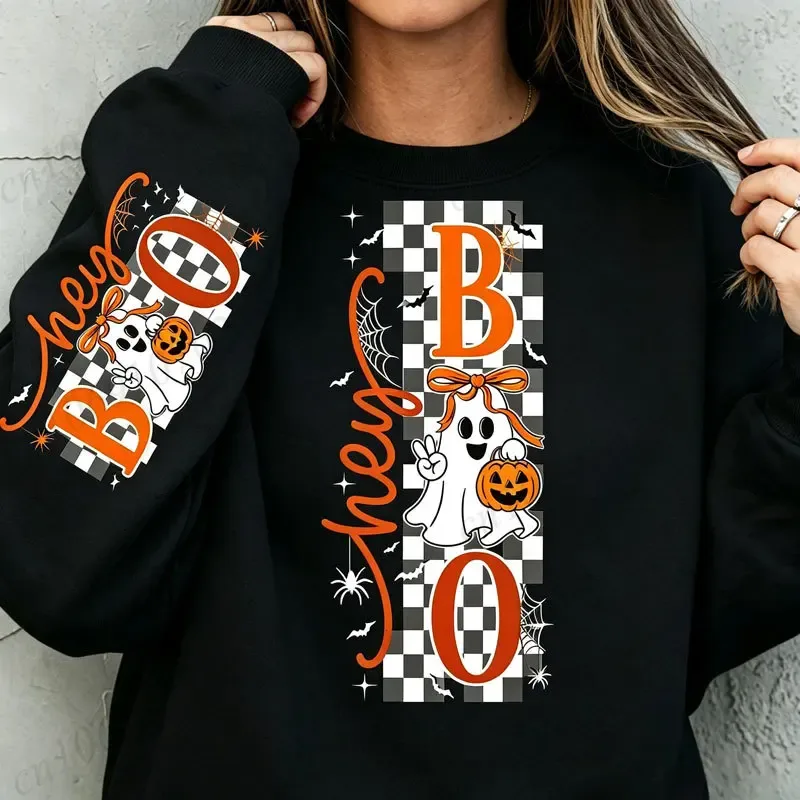 Halloween Hey Boo Unisex Sweatshirt Cute Bow Ghost Pumpkin Graphic Crewneck Long Sleeve Casual Fall Pullover Cotton Tops 330gsm