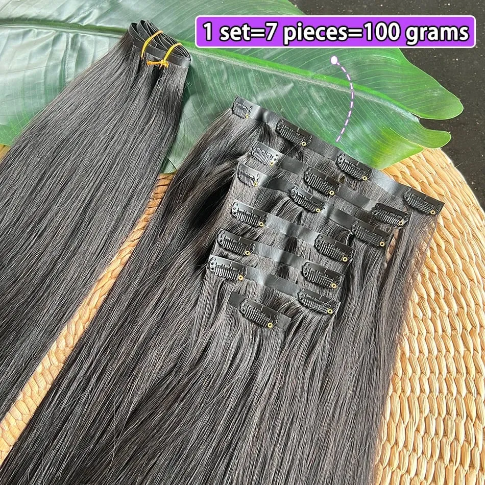 Double Drawn Straight PU Clip Ins Hair Extensions 100% Human Hair Natural Black Color 100g/Set 7pcs Invisible PU Weft Clips Hair — image 2