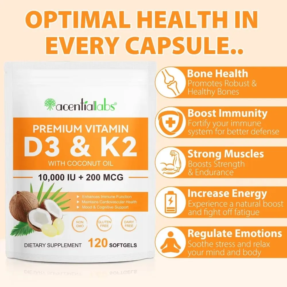 AcentiaLabs Vitamin D3 & K2 Softgels with Coconut Oil Immune Function and Bone Support Gluten Free Non-GMO 120 Softgels — image 5
