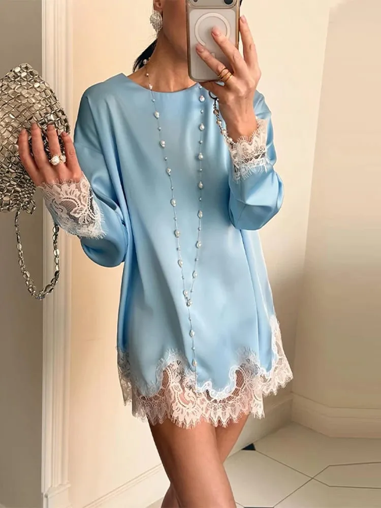 Satin Lace Patchwork Dress Women Long Sleeve O-neck Casual 2026 Spring Female Dresses Casual Solid Beach Robe Not Contain Pearls — image 1
