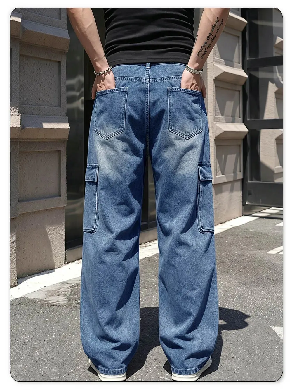 Men's American Retro Multi Pocket Cargo Jeans Suitable All Seasons Baggy Straight Leg Style Daily Street Casual Denim Pants — image 7