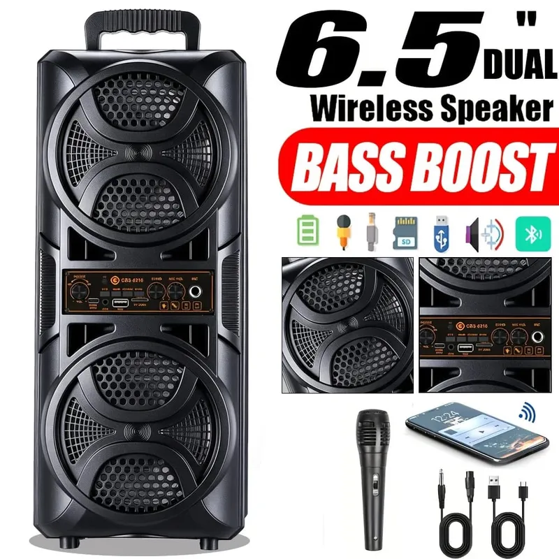 Portable Bluetooth Party Box Speaker Dual 6.5‑Inch Subwoofer Heavy Bass Boombox with Wired Microphone Support 6.35mm Mic AUX TF Card USB FM Radio for Outdoor Camping Home Karaoke Party