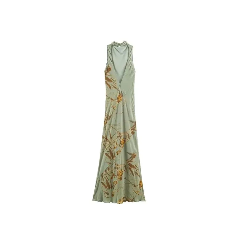 2026 Women Minimalist Outfit Elegant Half High Neck Slim Fit Sleeveless Backless Pleated Printed Sexy Party Club Maxi Dress — image 4