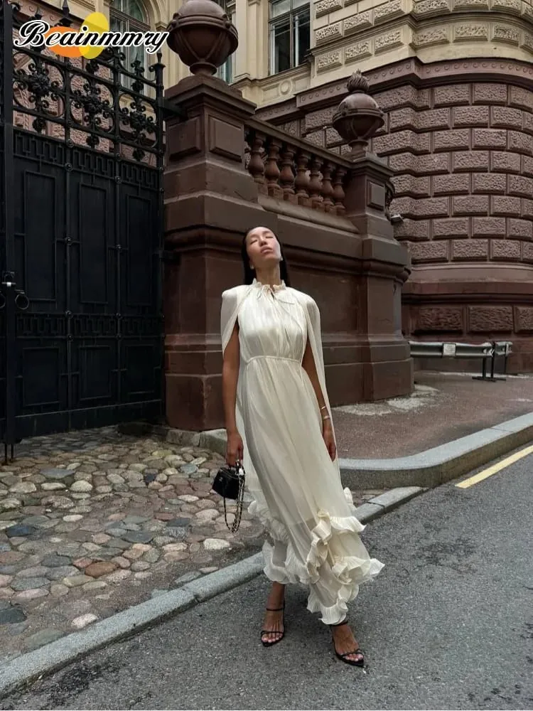 Ruffle Solid Maxi Dress Women Fashion Lapel V-neck Sleeveless Pleated High Waist Dresses 2026 Summer Lady Chic Vacation Robes — image 5