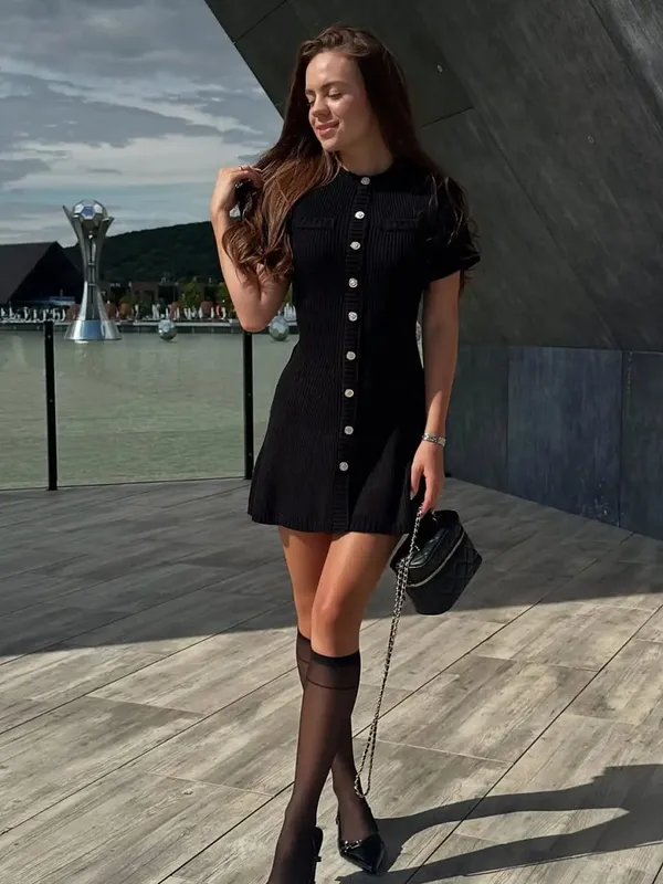 Polka Dot Slim Women Summer Mini Dress Solid Deep V-neck Puff Sleeves Pleated Front Button Short Dresses 2026 Lady Daily Wear — image 9