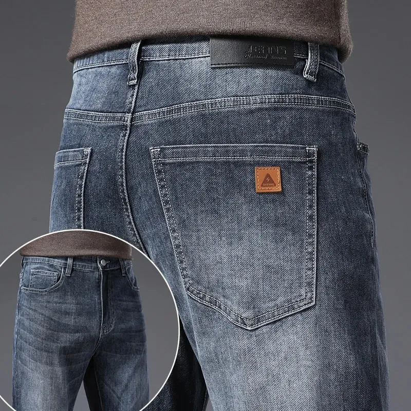 Men's Soft Stretch Straight Jeans Business Casual Slim Fit Wash Denim Pants Korean Fashion Blue Gray Male Brand Trousers — image 12