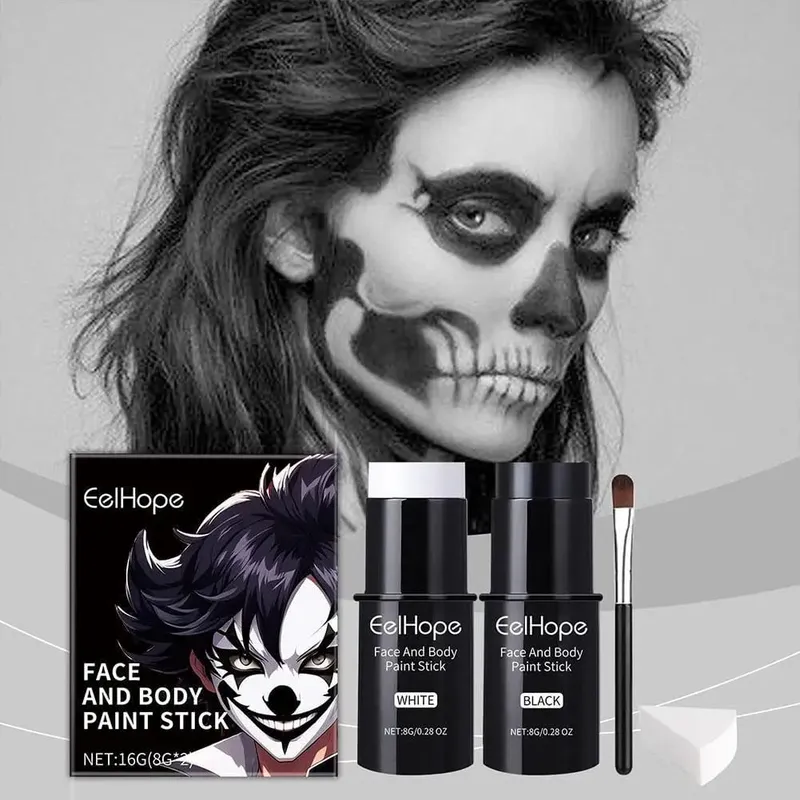 Fond de teint Clown coloré, imperméable, longue durée, accessoires de maquillage festifs d'halloween, Kit de peinture pour le visage et le corps, noir et blanc — image 5
