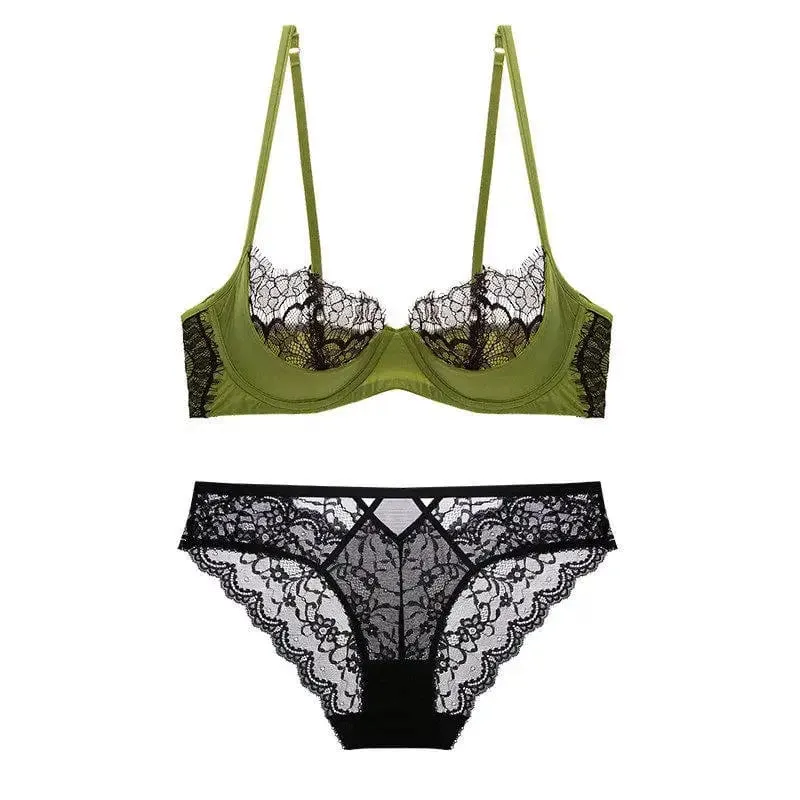 French Sheer Lace Lingerie Set Half Cup Thin Unlined Minimizer Bra Underwire Lift Support Large Bust Ladies Matching Briefs S-XL — image 9