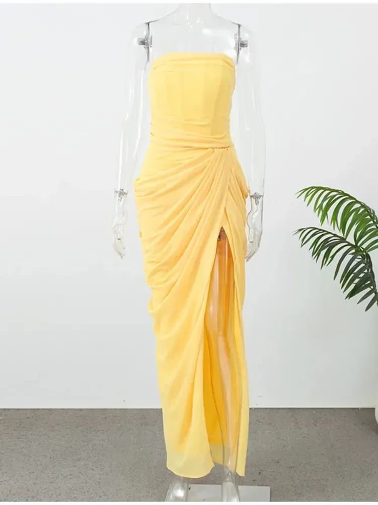 Solid Pleated Strapless Women's Dress Backless Off-shoulder High Waist Split Female Dresses 2026 Sexy Summer Evening Party Gown — image 5