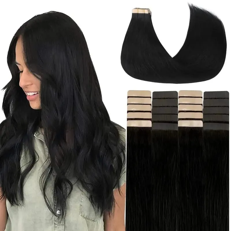Straight Tape in Hair Extensions Human Hair Natural Black 20 Inch 50g 20pcs Skin Weft Seamless Tape in Real Remy Straight Hair for Women