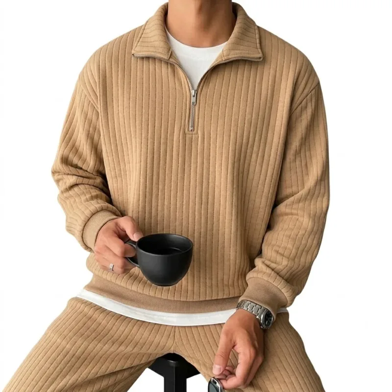 Quarter Zip Men's Sweatshirts Luxury Solid Stripes Pullover Zip Up Hoodies Gym Man V Neck Zip Up Shirts Long Sleeve Mens Coats — image 7