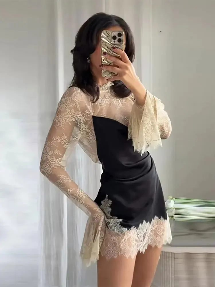HH 2026 Women Lace Patchwork Mini Dress Vintage Contrast Slim Long Sleeve Dresses Y2k Summer Fashion High Street Lady Chic Dress — image 6