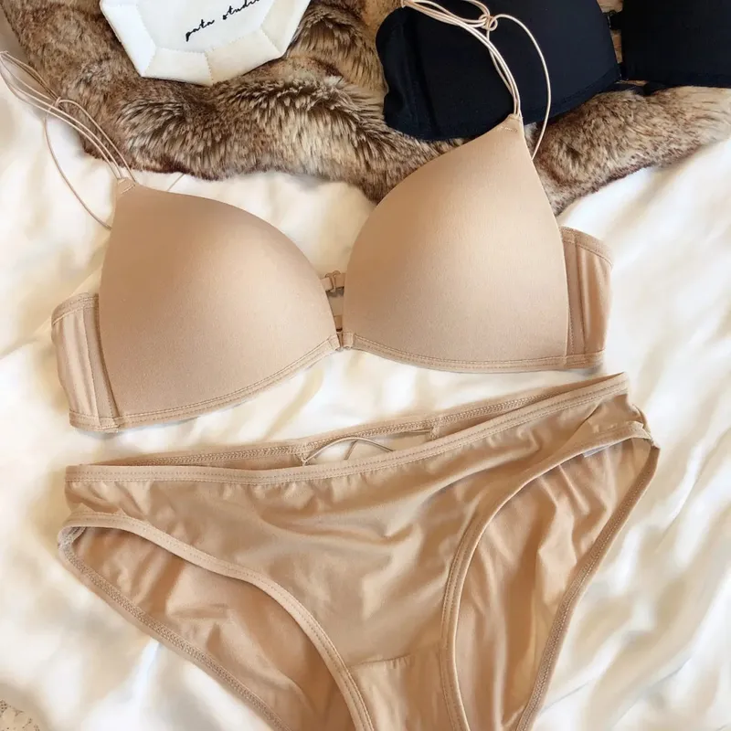 French Front Buckle Women Underwear Sexy Hollow Push Up Bra Set Summer Thin Cup Backless Bralette Fine Shoulder Strap Lingerie — image 6