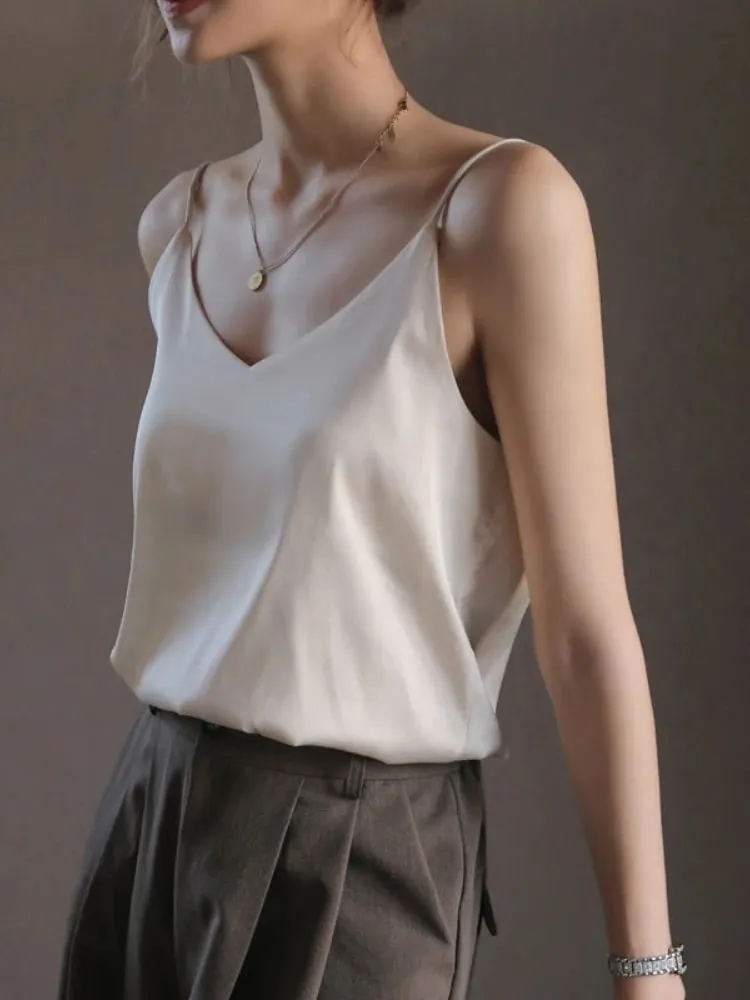 Women Halter V Neck Basic White Cami Spaghetti Strap Top Sleeveless Satin Silk 2026 Tank Tops Women'S Summer Camisole — image 4