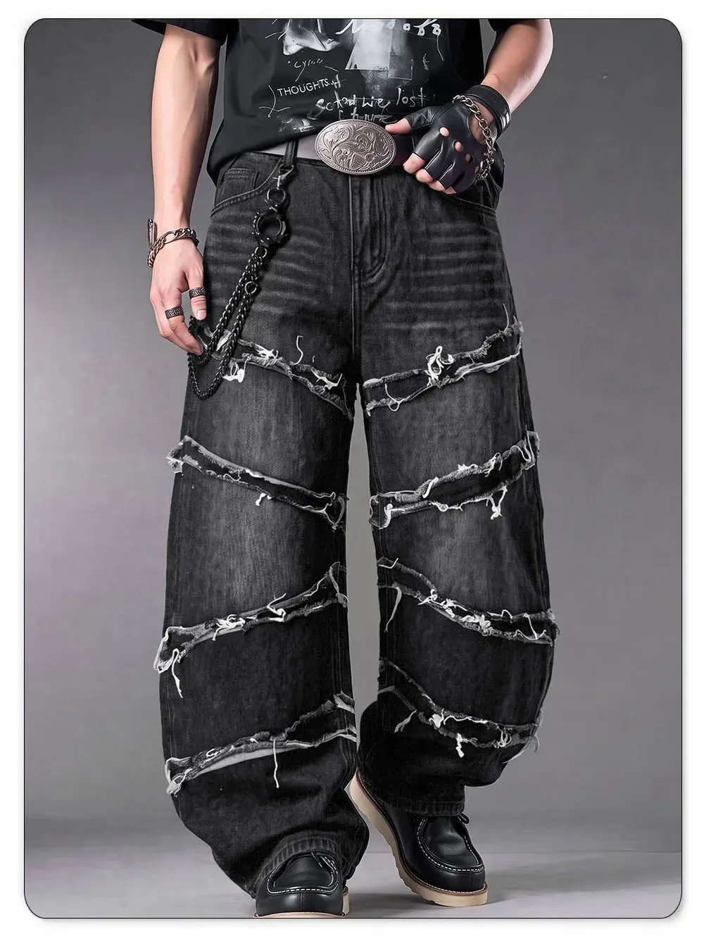 Men's Gothic Baggy Jeans Raw Frayed Edge Deconstructed Patchwork Wide Leg Denim Pants Y2K Punk Streetwear Trousers — image 4