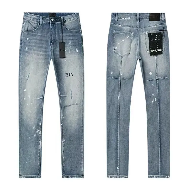 2026 RTA Men's Slim Fit Jeans Collection Distressed Ripped Paint Splatter Studded Patch Vintage Washed Streetwear Fashion Pants — image 20