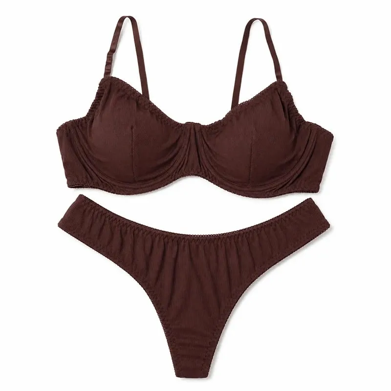Women Solid Ribbed Lingerie Set Underwire Thin Cup Bra Matching Low Rise Thong Soft Daily Intimates — image 11