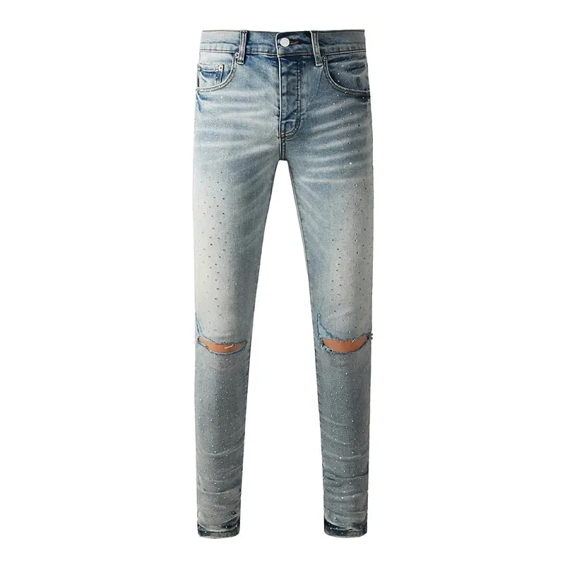 Men's Washed Distressed Skinny Ripped Jeans Light Blue Rhinestone Decor Button Fly High Street Style